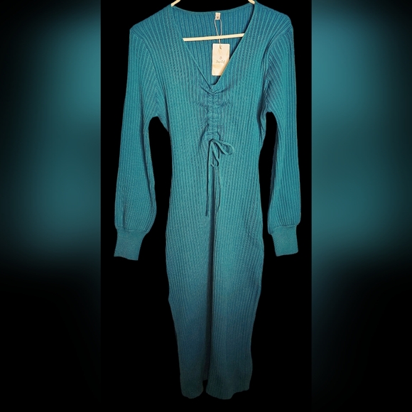 Deep Self Teal Blue Ribbed Knit Ruched Front Long Sleeve V-Neck Sweater Dress-M - Picture 2 of 7